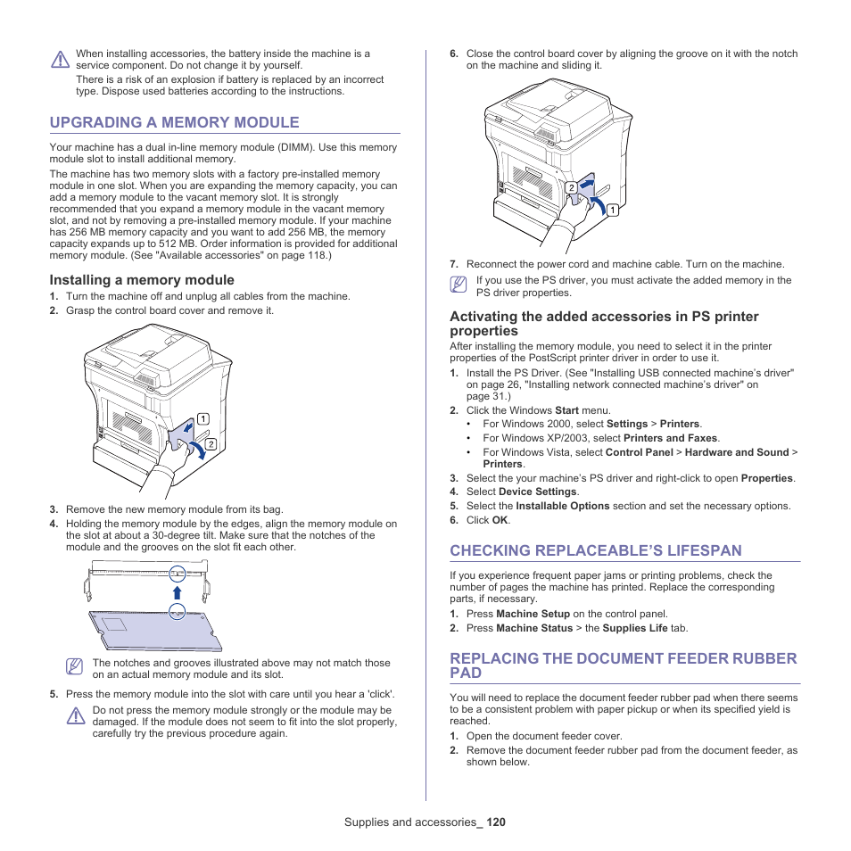 Upgrading a memory module, Checking replaceable’s lifespan, Replacing the document feeder rubber pad | Memory. (see "installing, A memory module" on | Samsung SCX-5835NX User Manual | Page 120 / 133