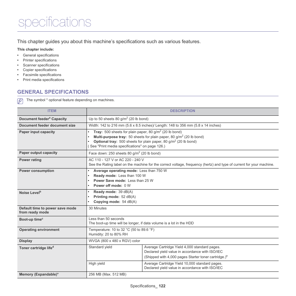 Specifications, General specifications, General specifications" on | See "general | Samsung SCX-5835NX User Manual | Page 122 / 133