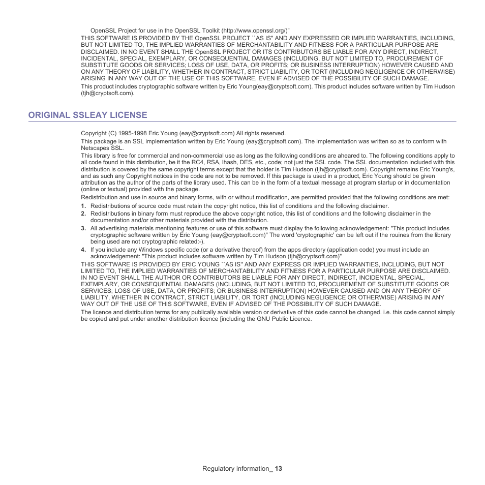 Original ssleay license | Samsung SCX-5835NX User Manual | Page 13 / 133