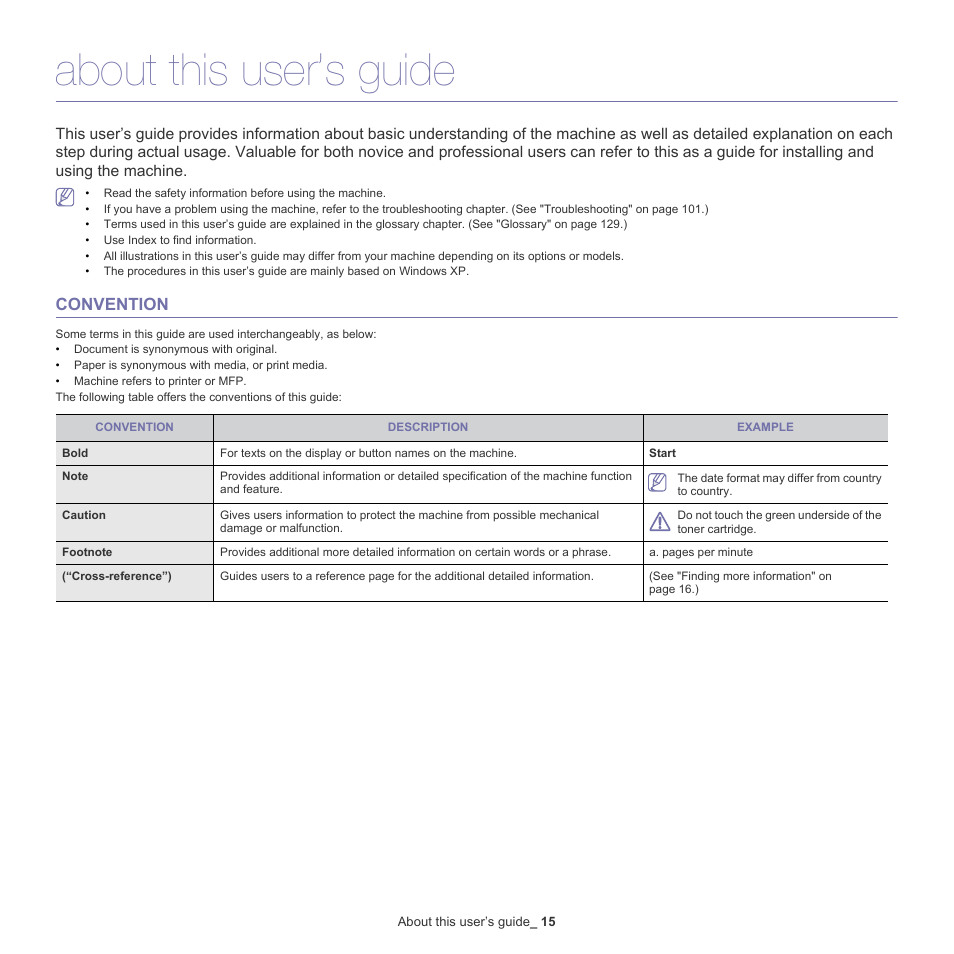 About this user’s guide, Convention | Samsung SCX-5835NX User Manual | Page 15 / 133