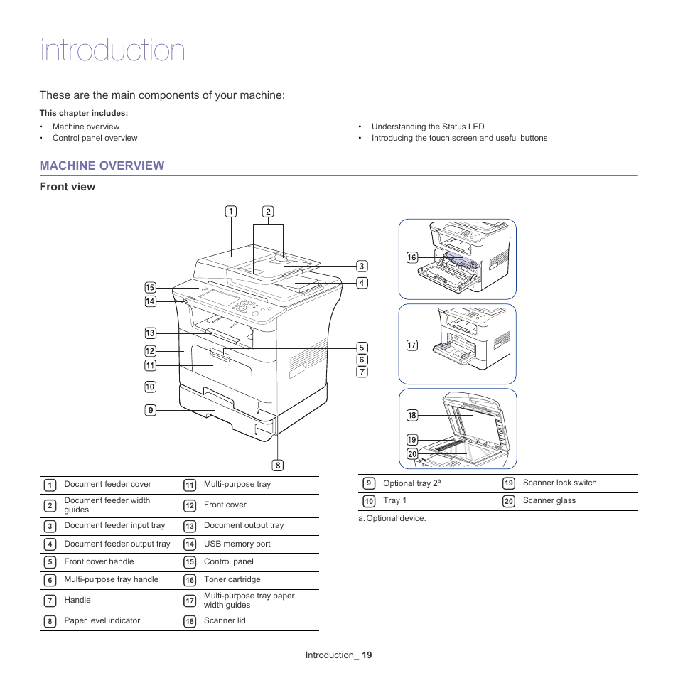 Introduction, Machine overview, These are the main components of your machine | Front view, Introduction _ 19 | Samsung SCX-5835NX User Manual | Page 19 / 133