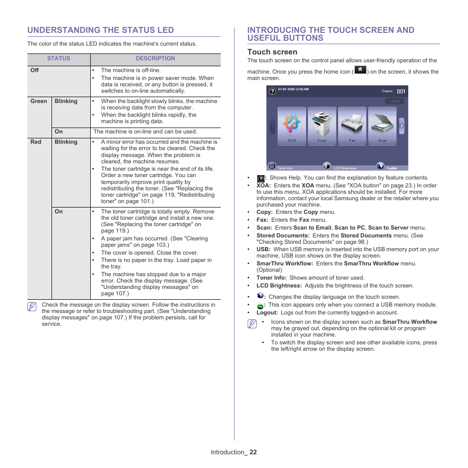 Understanding the status led, Introducing the touch screen and useful buttons, Touch screen | Samsung SCX-5835NX User Manual | Page 22 / 133