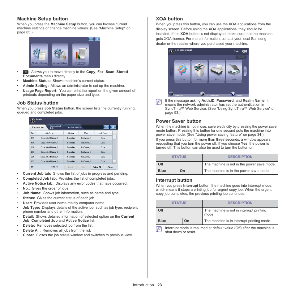 Power saver, Machine setup button, Job status button | Xoa button, Power saver button, Interrupt button | Samsung SCX-5835NX User Manual | Page 23 / 133