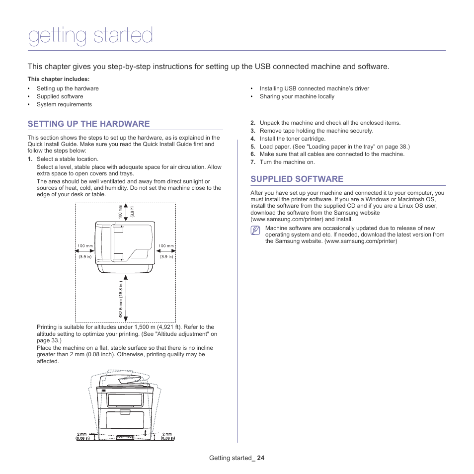 Getting started, Setting up the hardware, Supplied software | Samsung SCX-5835NX User Manual | Page 24 / 133