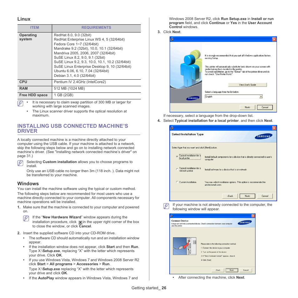 Installing usb connected machine’s driver, Linux, Windows | Samsung SCX-5835NX User Manual | Page 26 / 133