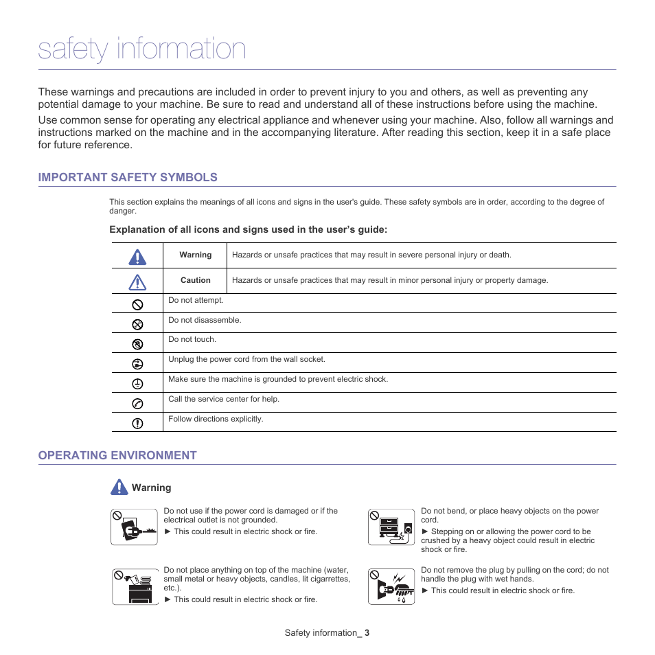 Safety information | Samsung SCX-5835NX User Manual | Page 3 / 133