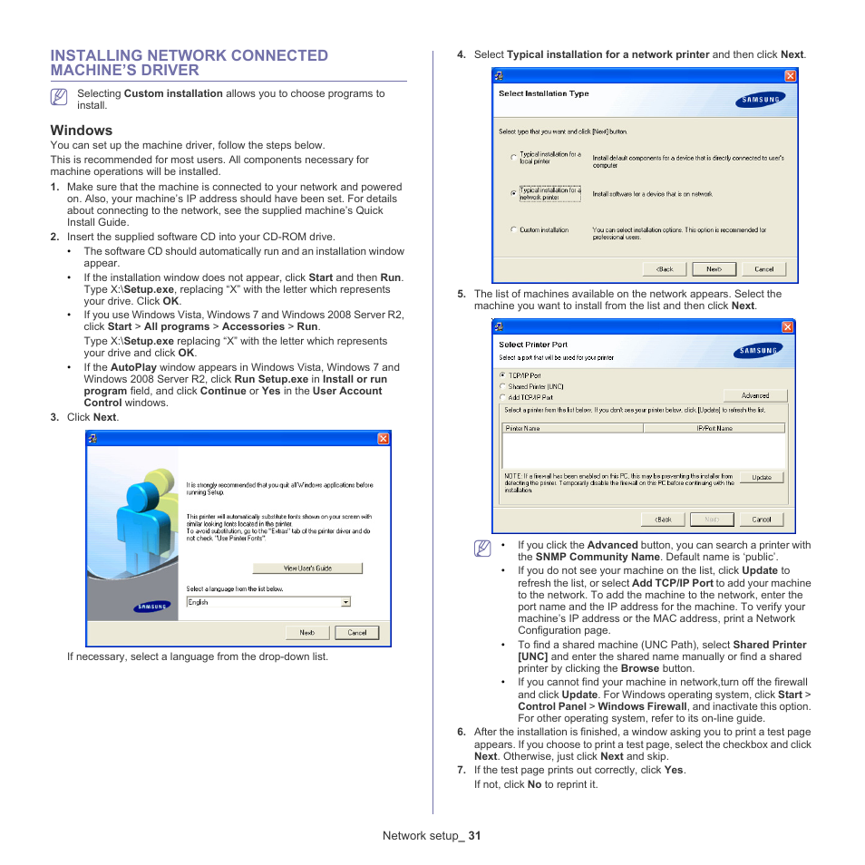 Installing network connected machine’s driver, Windows | Samsung SCX-5835NX User Manual | Page 31 / 133