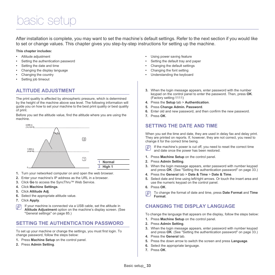 Basic setup, Altitude adjustment, Setting the authentication password | Setting the date and time, Changing the display language, Altitude adjustment" on | Samsung SCX-5835NX User Manual | Page 33 / 133