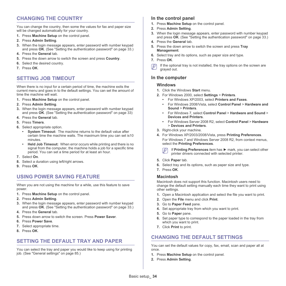 Changing the country, Setting job timeout, Using power saving feature | Setting the default tray and paper, Changing the default settings | Samsung SCX-5835NX User Manual | Page 34 / 133