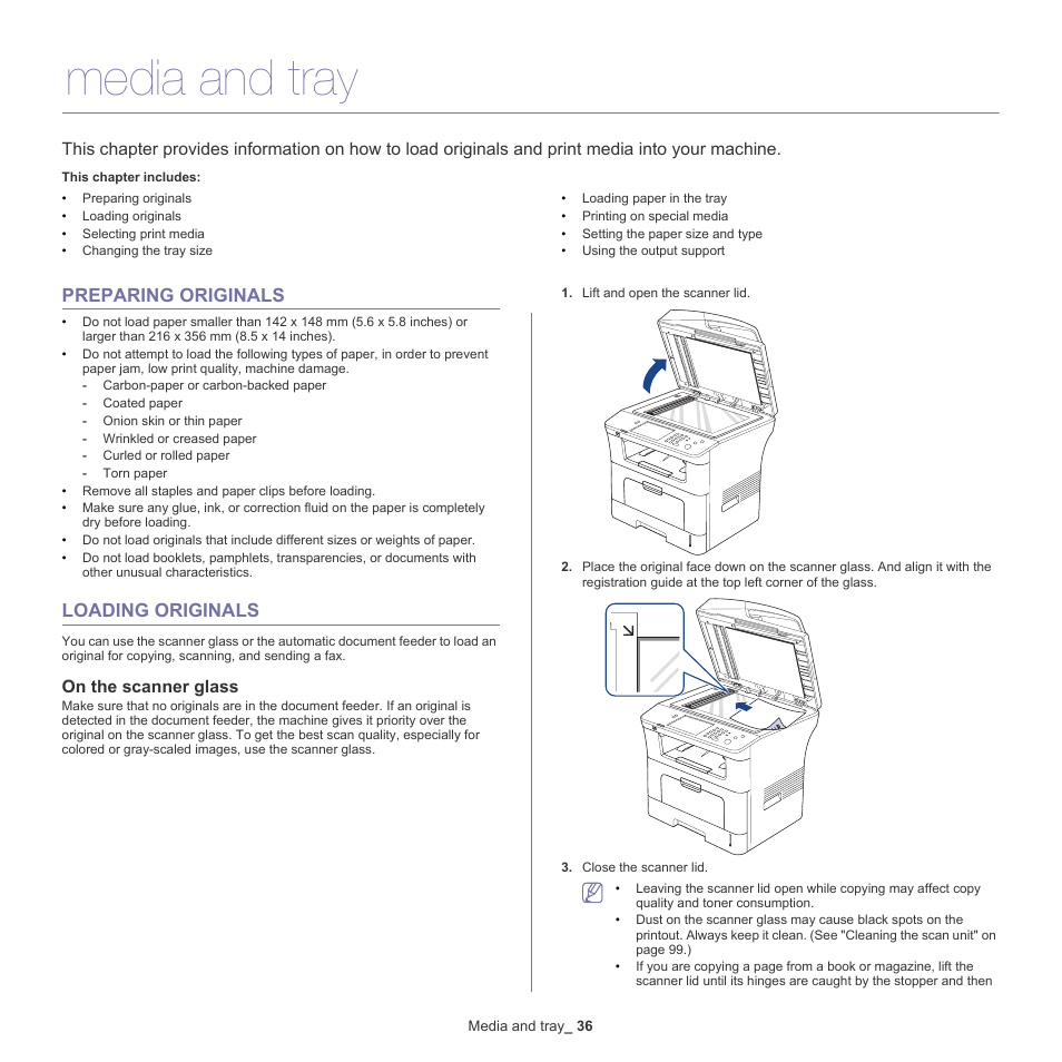 Media and tray, Preparing originals, Loading originals | On the scanner glass | Samsung SCX-5835NX User Manual | Page 36 / 133