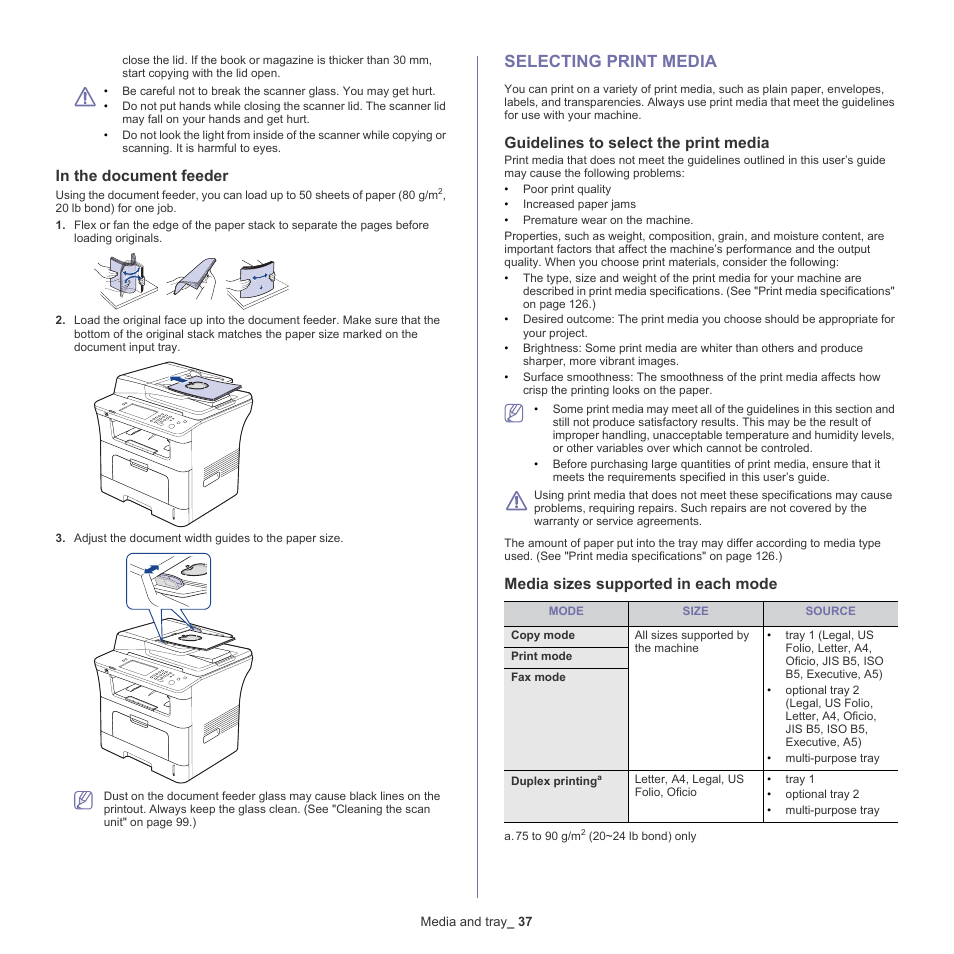 Selecting print media, Guidelines to select the print media, Media sizes supported in each mode | Samsung SCX-5835NX User Manual | Page 37 / 133