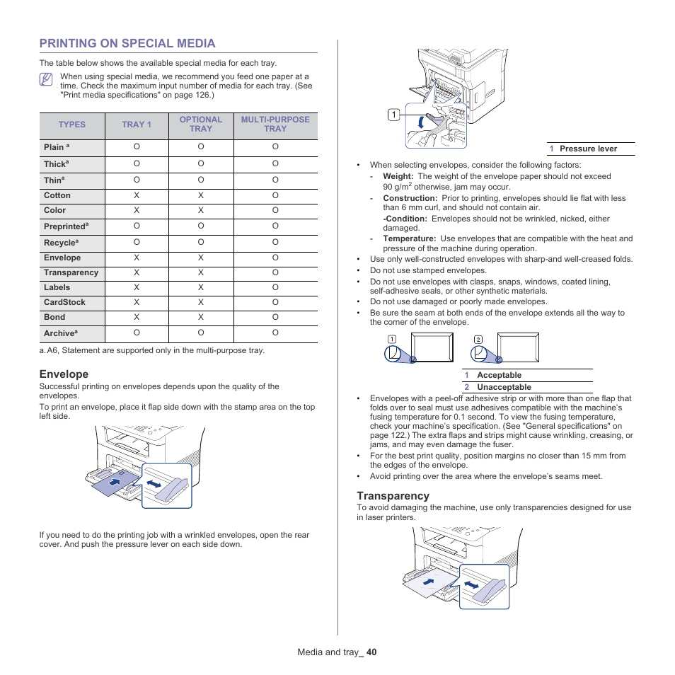 Printing on special media, Printing on special media" on, Envelope | Transparency | Samsung SCX-5835NX User Manual | Page 40 / 133