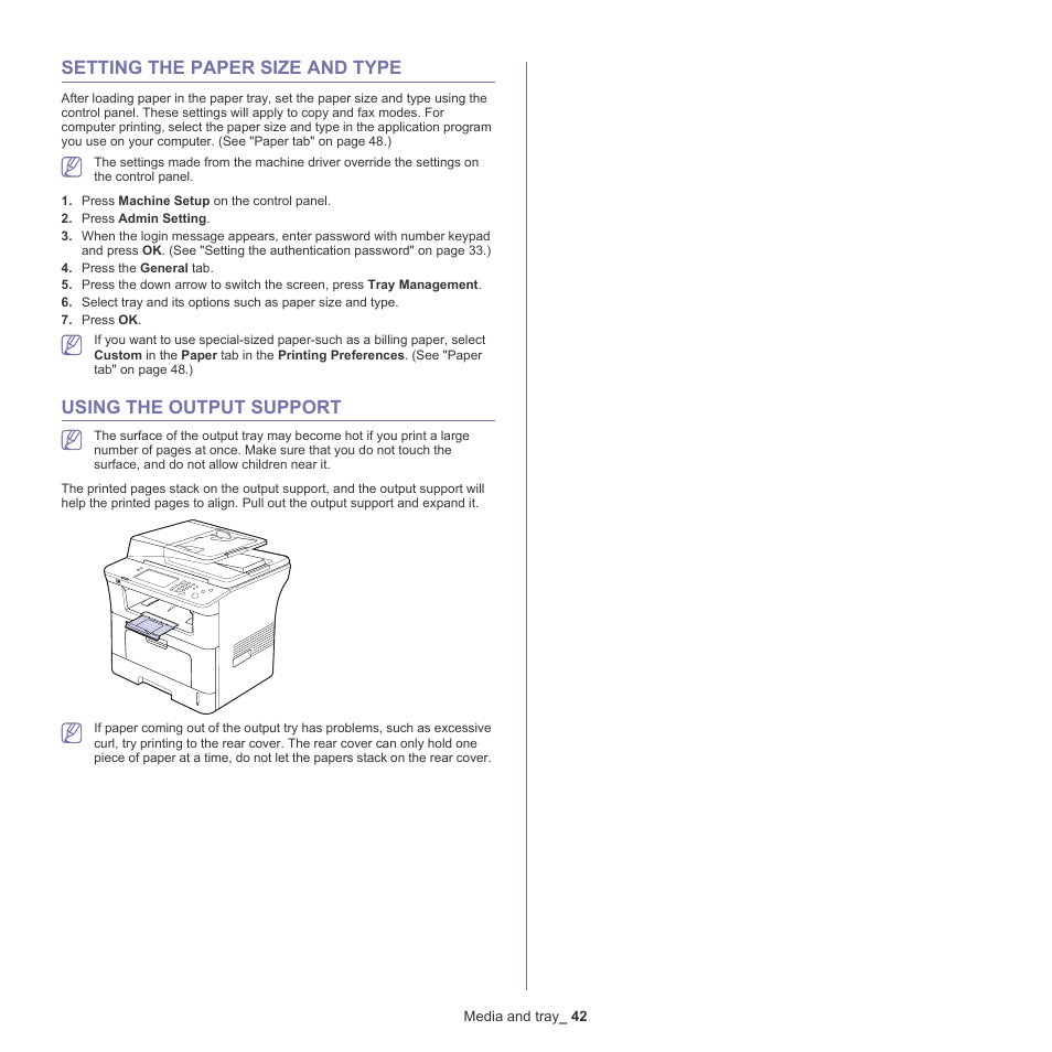 Setting the paper size and type, Using the output support | Samsung SCX-5835NX User Manual | Page 42 / 133