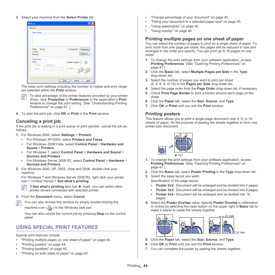 Using special print features, Canceling a print job, Printing multiple pages on one sheet of paper | Printing posters | Samsung SCX-5835NX User Manual | Page 44 / 133