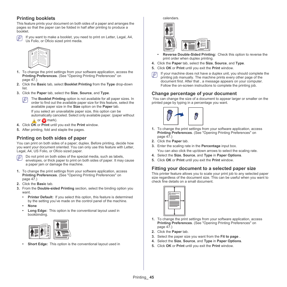 Printing on both sides of, Printing booklets, Printing on both sides of paper | Change percentage of your document, Fitting your document to a selected paper size | Samsung SCX-5835NX User Manual | Page 45 / 133