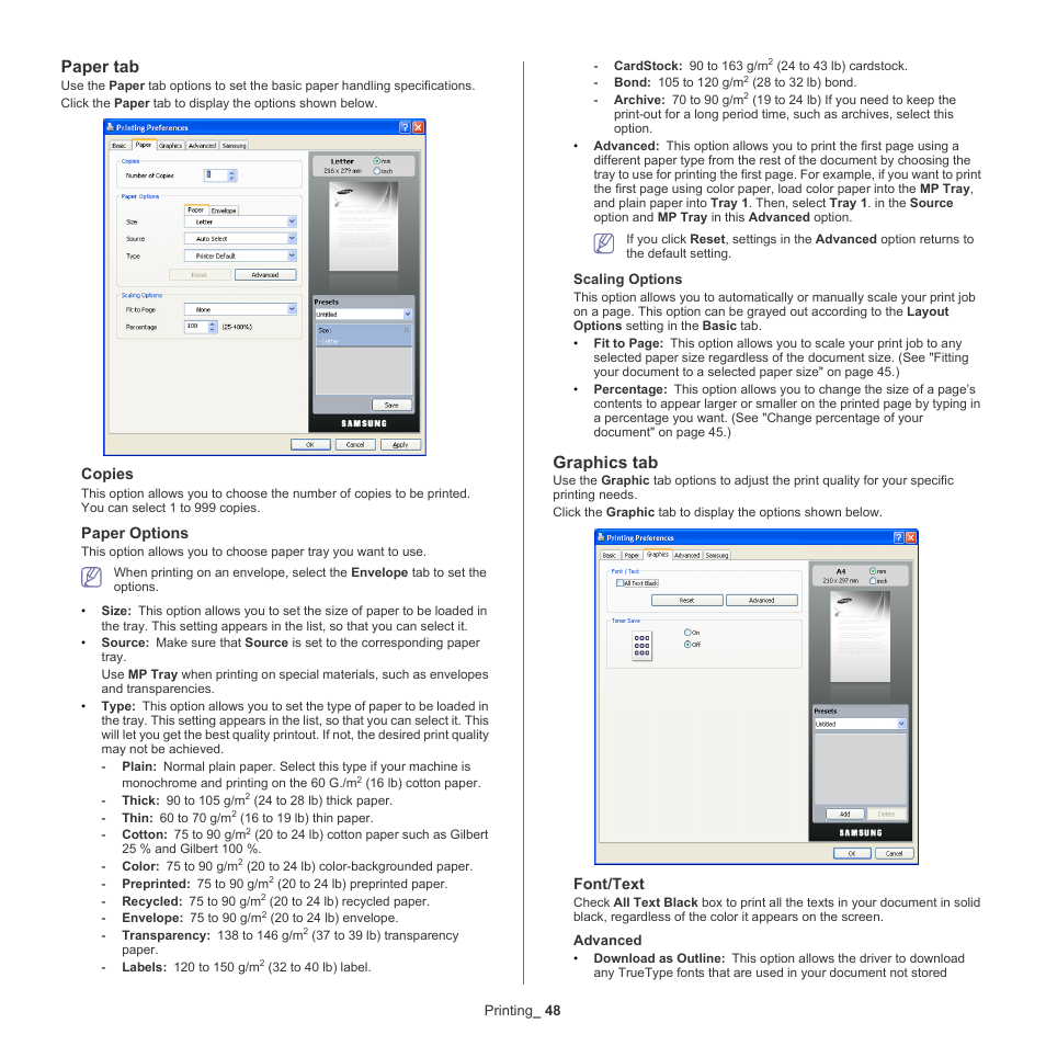 Paper, Paper tab, Graphics tab | Samsung SCX-5835NX User Manual | Page 48 / 133