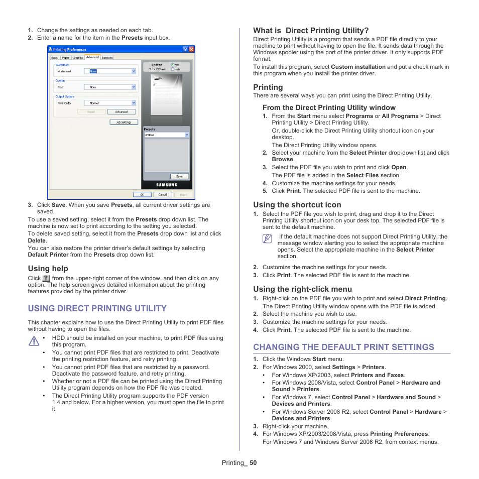 Using direct printing utility, Changing the default print settings, Using help | What is direct printing utility, Printing, Using the shortcut icon, Using the right-click menu | Samsung SCX-5835NX User Manual | Page 50 / 133