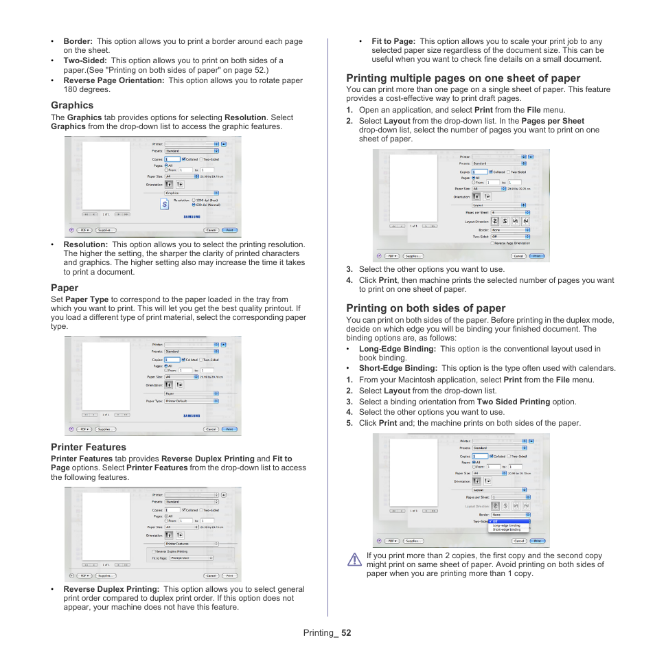 Printing multiple pages on one sheet of paper, Printing on both sides of paper | Samsung SCX-5835NX User Manual | Page 52 / 133