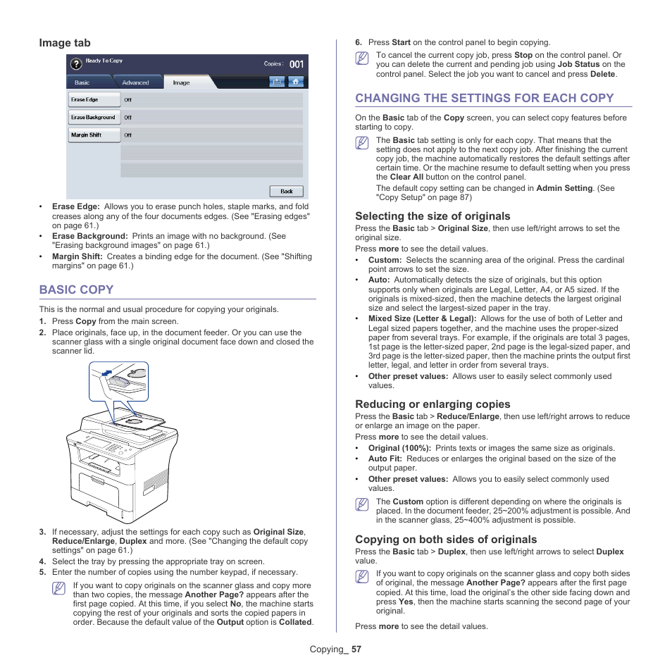 Basic copy, Changing the settings for each copy, Selecting the size | Image tab, Selecting the size of originals, Reducing or enlarging copies, Copying on both sides of originals | Samsung SCX-5835NX User Manual | Page 57 / 133