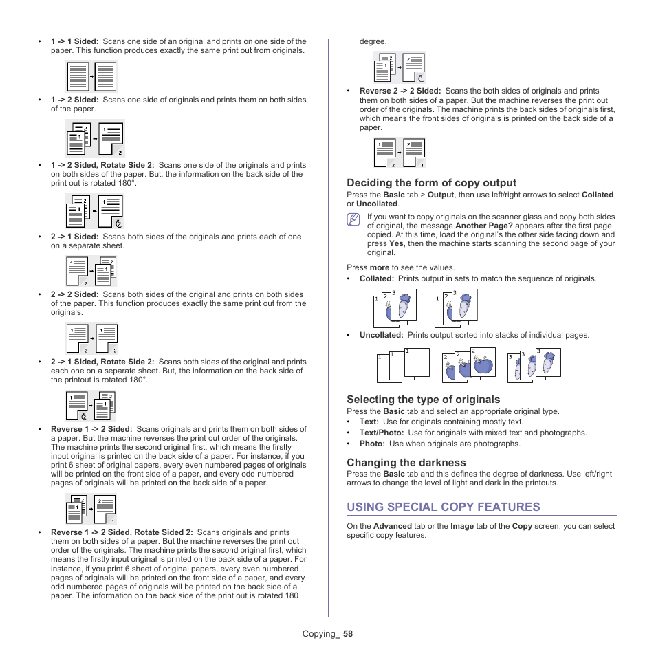 Using special copy features, Selecting the type of originals" on, Deciding the form of copy output | Selecting the type of originals, Changing the darkness | Samsung SCX-5835NX User Manual | Page 58 / 133