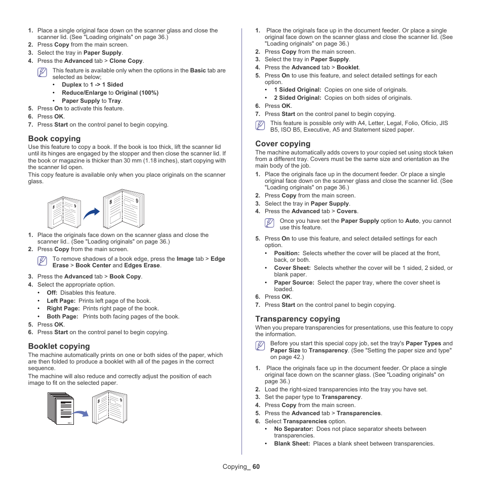 Book copying" on, Book copying, Booklet copying | Cover copying, Transparency copying | Samsung SCX-5835NX User Manual | Page 60 / 133