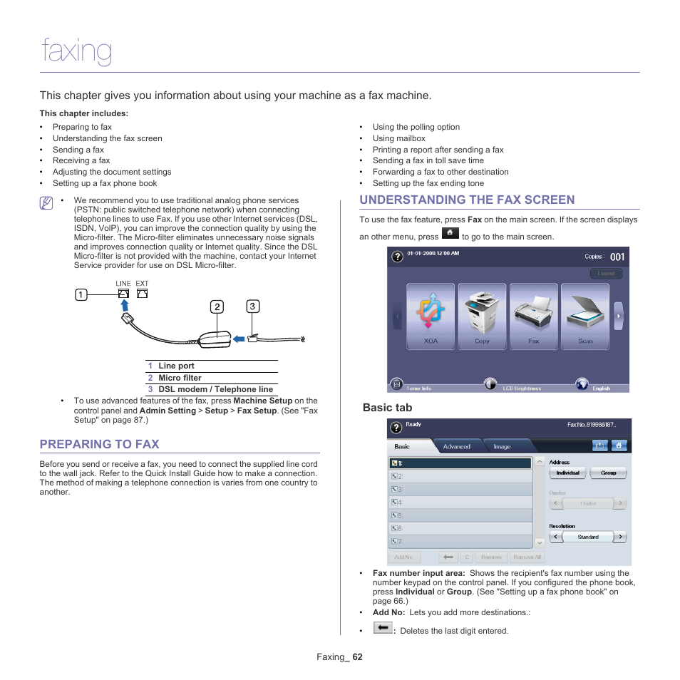 Faxing, Preparing to fax, Understanding the fax screen | Basic tab | Samsung SCX-5835NX User Manual | Page 62 / 133