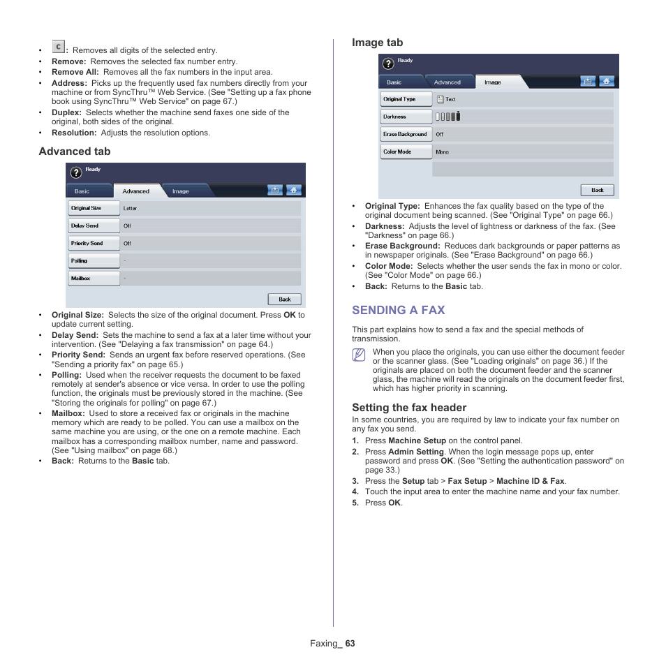 Sending a fax, Advanced tab, Image tab | Setting the fax header | Samsung SCX-5835NX User Manual | Page 63 / 133