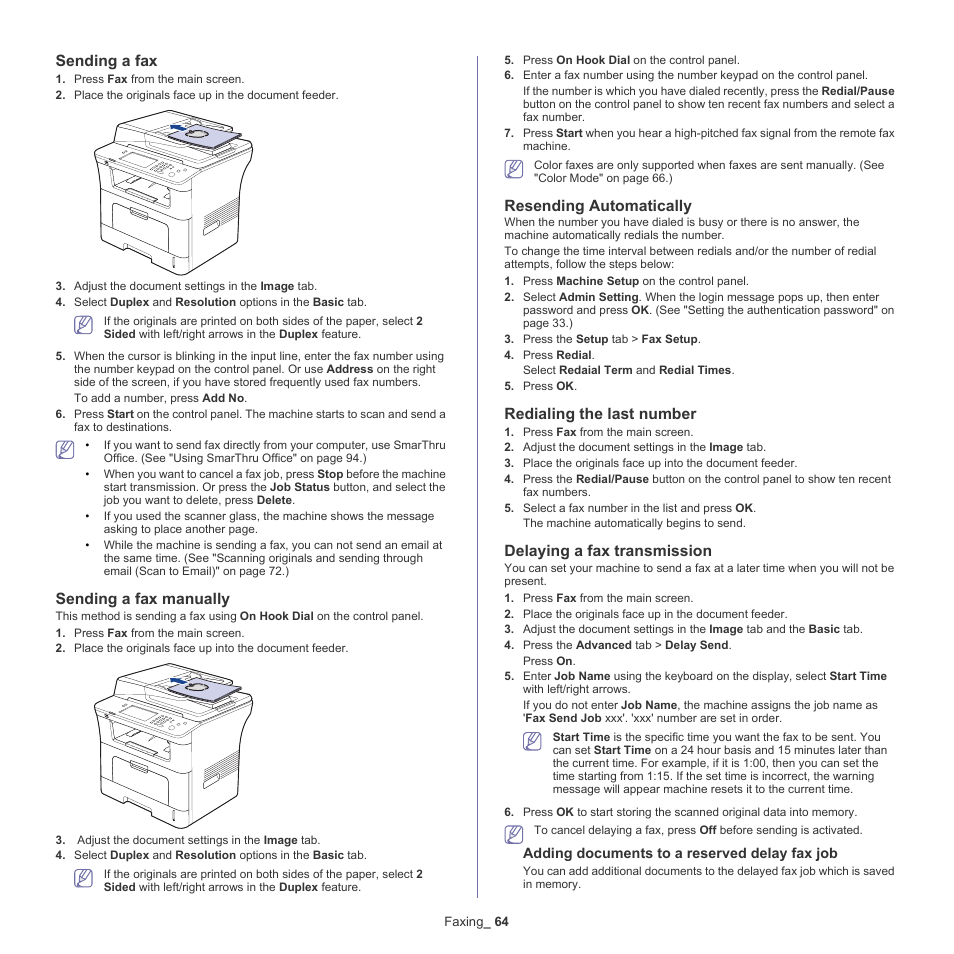 Sending a fax, Sending a fax manually, Resending automatically | Redialing the last number, Delaying a fax transmission | Samsung SCX-5835NX User Manual | Page 64 / 133