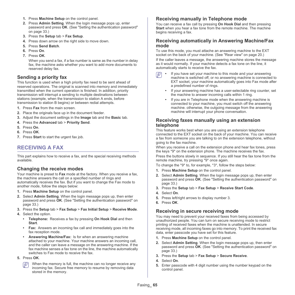 Receiving a fax, Sending a priority fax, Changing the receive modes | Receiving manually in telephone mode, Receiving in secure receiving mode | Samsung SCX-5835NX User Manual | Page 65 / 133