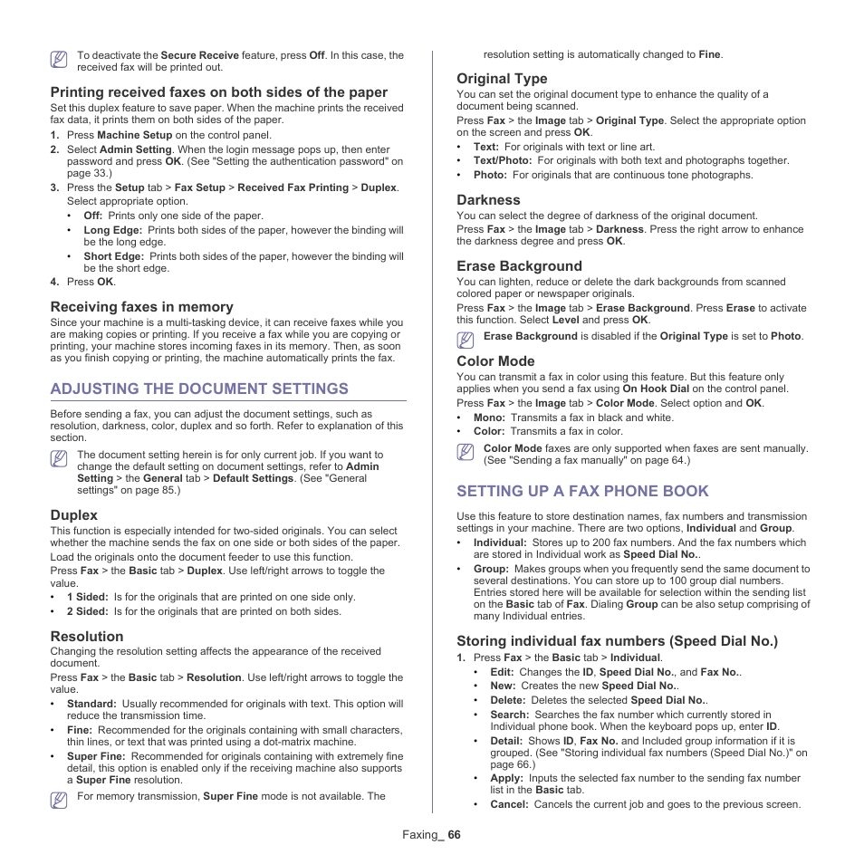 Adjusting the document settings, Setting up a fax phone book, See "setting up a fax phone book" on | Printing received faxes on both sides of the paper, Duplex, Resolution, Original type, Darkness, Erase background, Color mode | Samsung SCX-5835NX User Manual | Page 66 / 133