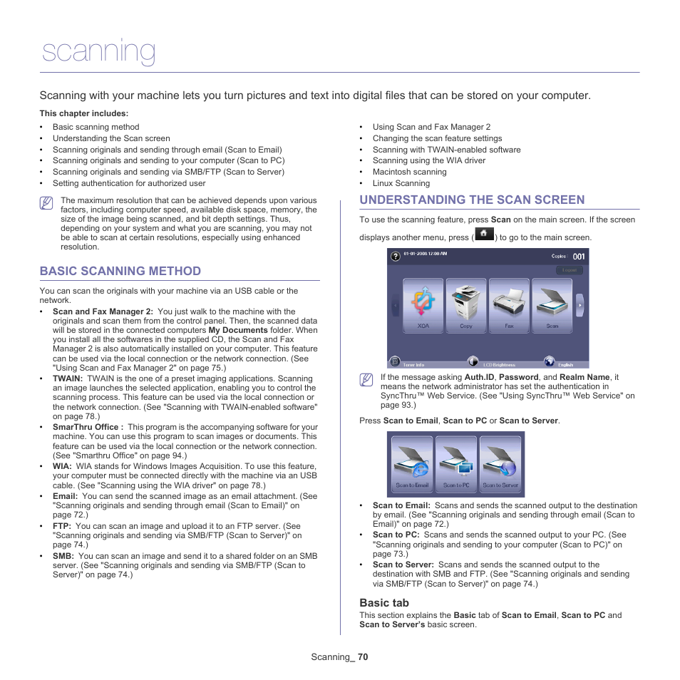 Scanning, Basic scanning method, Understanding the scan screen | Basic tab | Samsung SCX-5835NX User Manual | Page 70 / 133