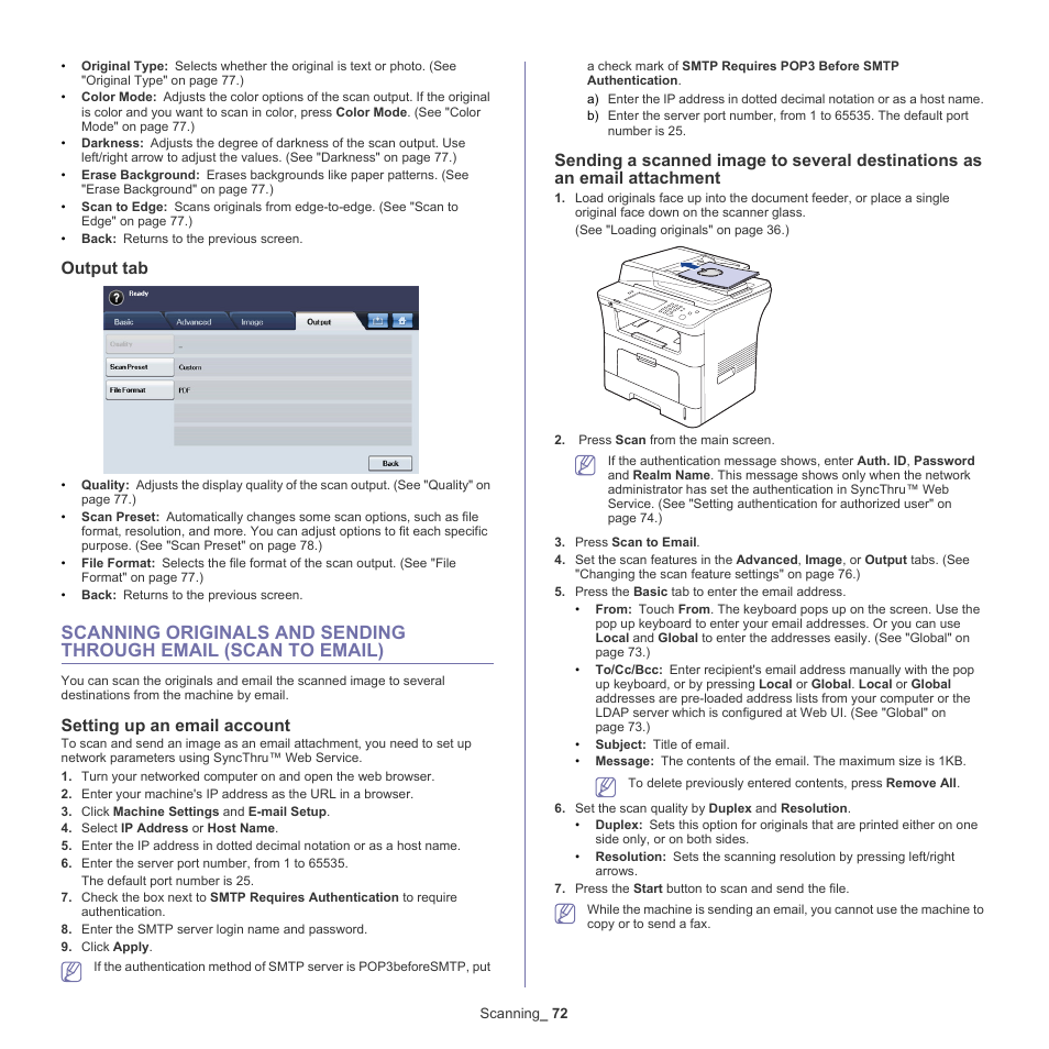 Sending a scanned image to, Scanning originals and sending through, Output tab | Setting up an email account | Samsung SCX-5835NX User Manual | Page 72 / 133