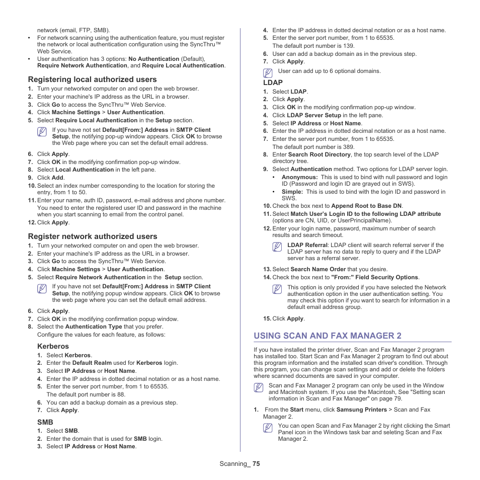 Using scan and fax manager 2, See "using scan and fax manager, Registering local authorized users | Register network authorized users, Kerberos, Ldap | Samsung SCX-5835NX User Manual | Page 75 / 133