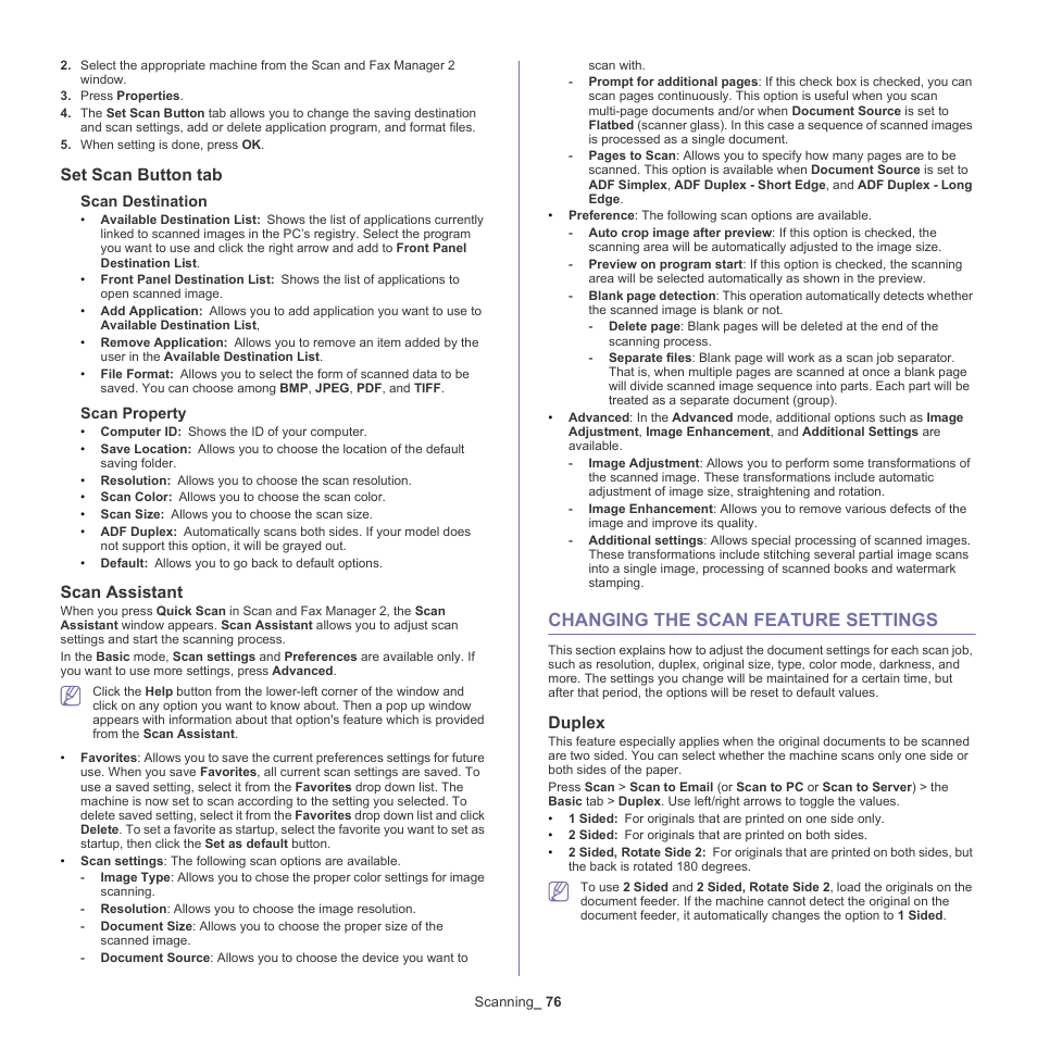 Changing the scan feature settings, Set scan button tab, Scan assistant | Duplex | Samsung SCX-5835NX User Manual | Page 76 / 133