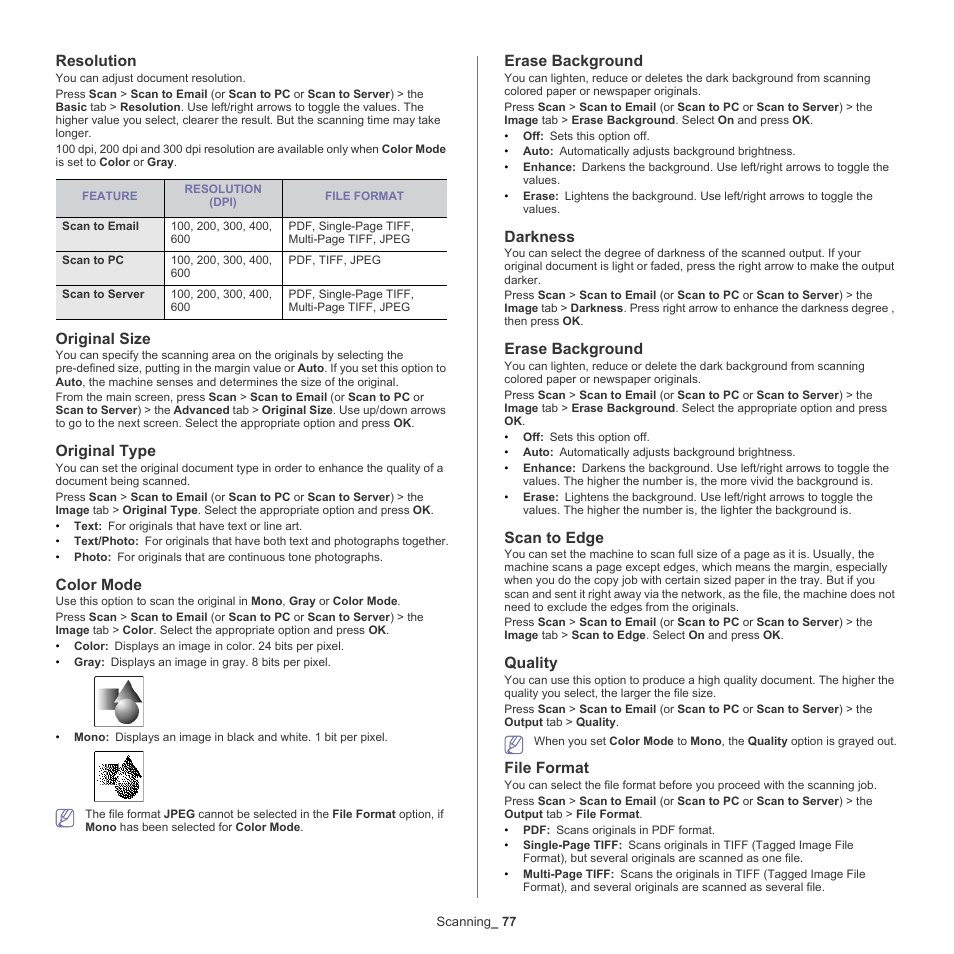 Color, Scan to, Output. (see "quality" on | File, Resolution, Original size, Original type, Color mode, Erase background, Darkness | Samsung SCX-5835NX User Manual | Page 77 / 133