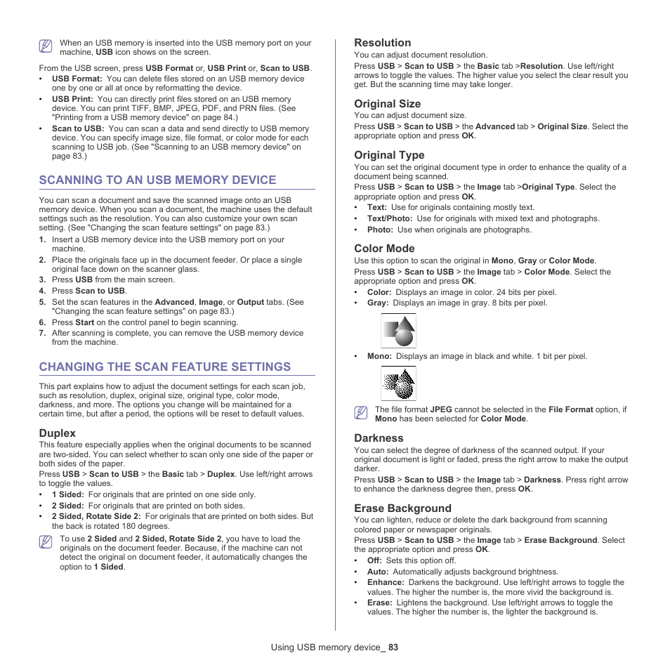 Scanning to an usb memory device, Changing the scan feature settings, Duplex | Resolution, Original size, Original type, Color mode, Darkness, Erase background | Samsung SCX-5835NX User Manual | Page 83 / 133