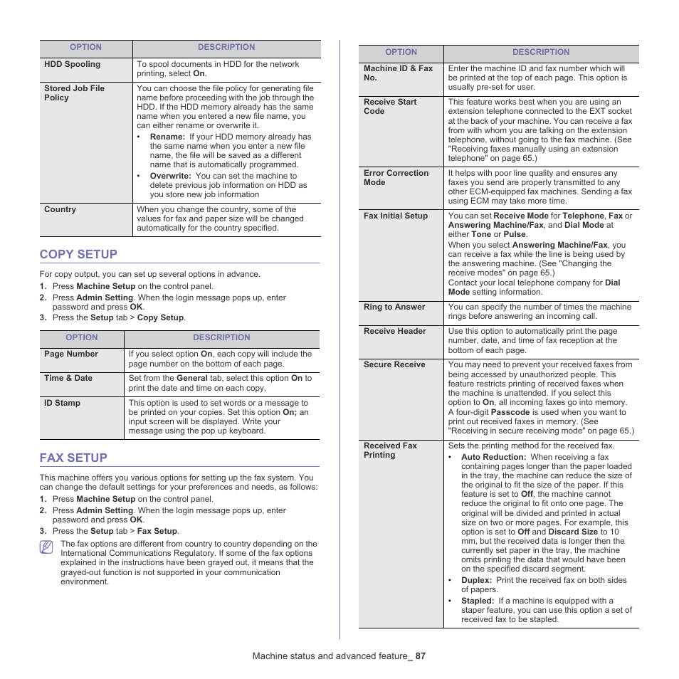 Copy setup, Fax setup, See "fax | Samsung SCX-5835NX User Manual | Page 87 / 133