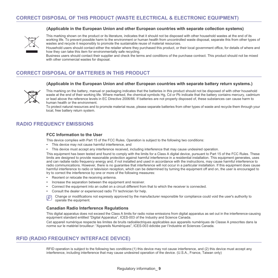 Correct disposal of batteries in this product, Radio frequency emissions, Rfid (radio frequency interface device) | Samsung SCX-5835NX User Manual | Page 9 / 133