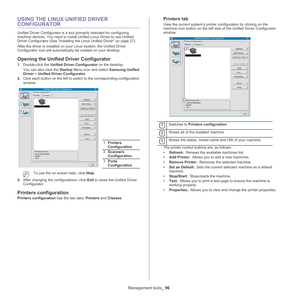 Using the linux unified driver configurator, Opening the unified driver configurator, Printers configuration | Samsung SCX-5835NX User Manual | Page 96 / 133