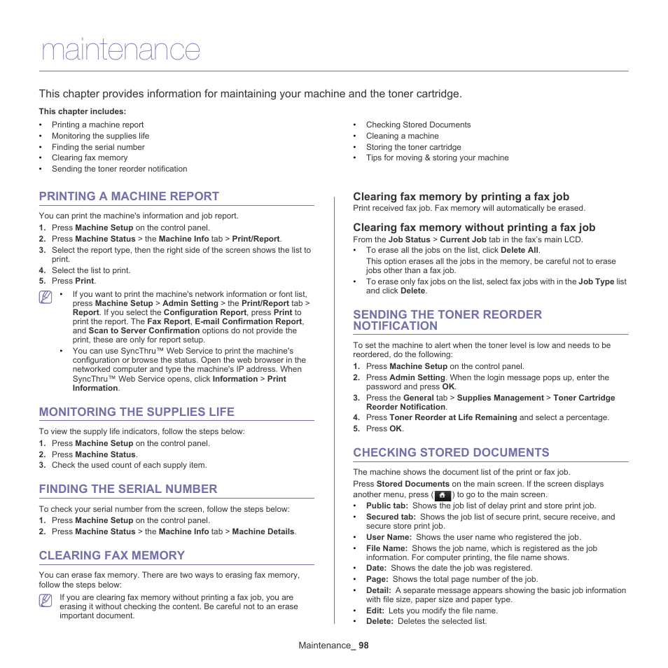 Maintenance, Printing a machine report, Monitoring the supplies life | Finding the serial number, Clearing fax memory, Sending the toner reorder notification, Checking stored documents, Printing a machine | Samsung SCX-5835NX User Manual | Page 98 / 133