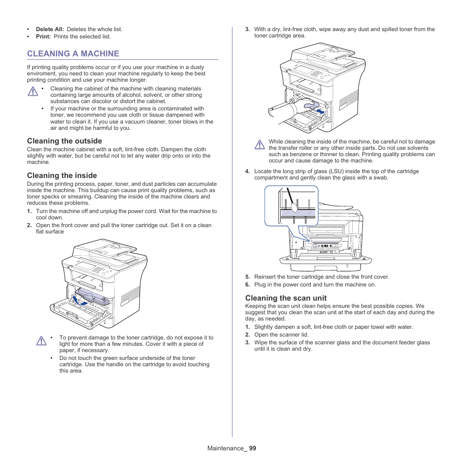 Cleaning a machine, Cleaning the scan unit" on, Cleaning the scan | Cleaning the outside, Cleaning the inside, Cleaning the scan unit | Samsung SCX-5835NX User Manual | Page 99 / 133