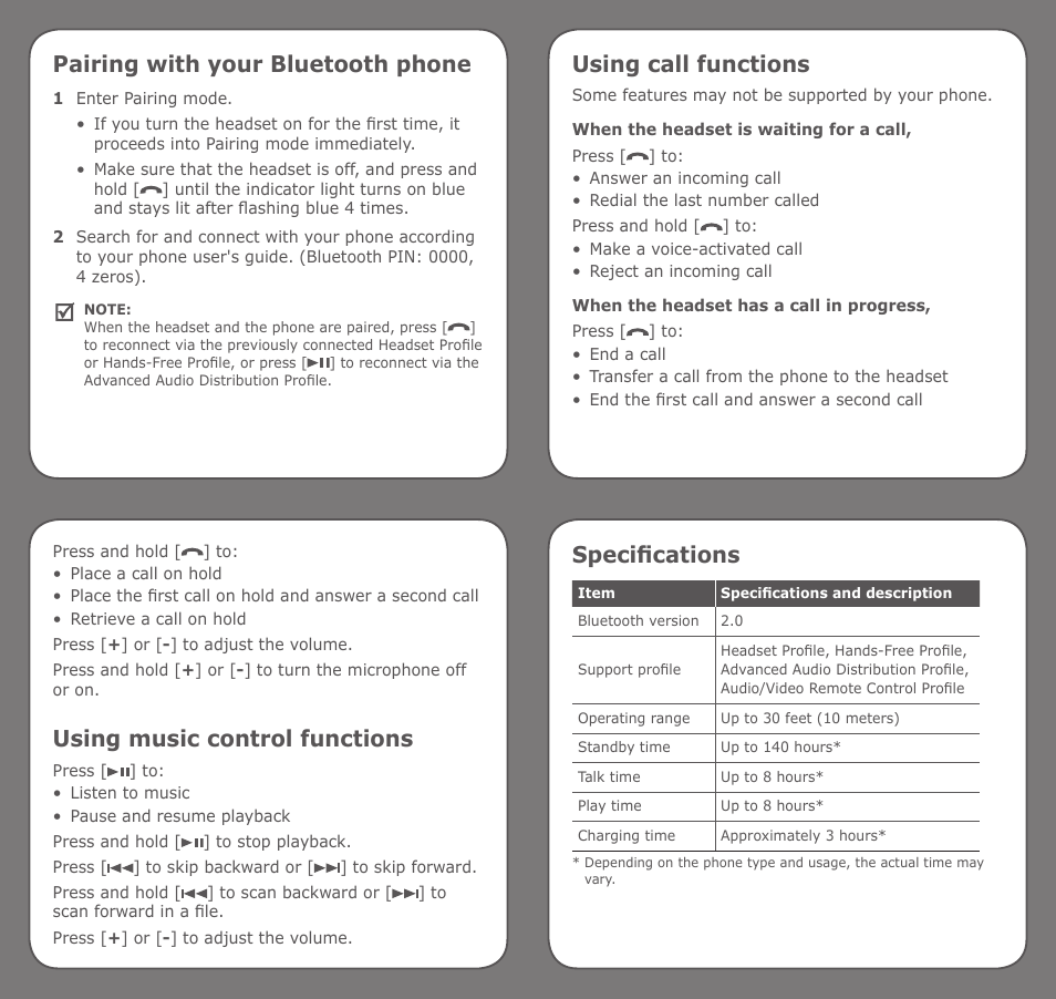 Pairing with your bluetooth phone, Using call functions, Using music control functions | Specifications | Samsung GH68-17668A User Manual | Page 2 / 2