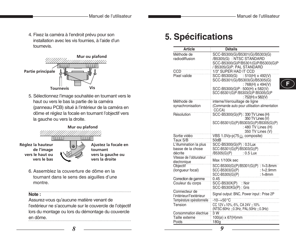 Spécifications | Samsung SCC-B5300GP User Manual | Page 11 / 31