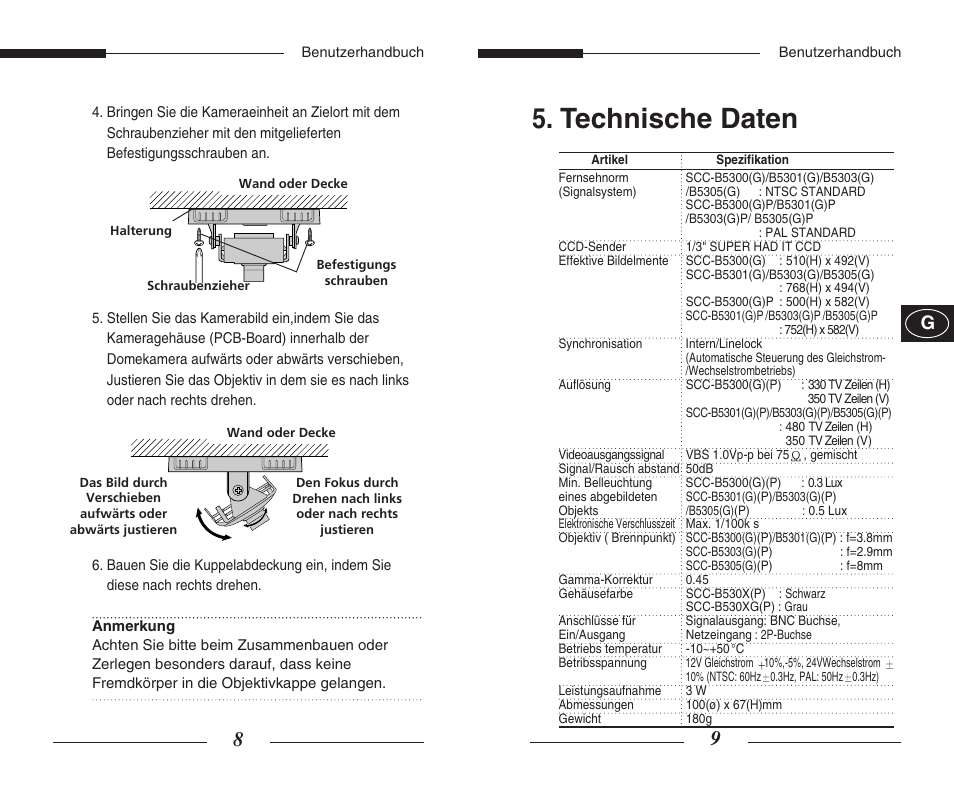 Technische daten | Samsung SCC-B5300GP User Manual | Page 16 / 31