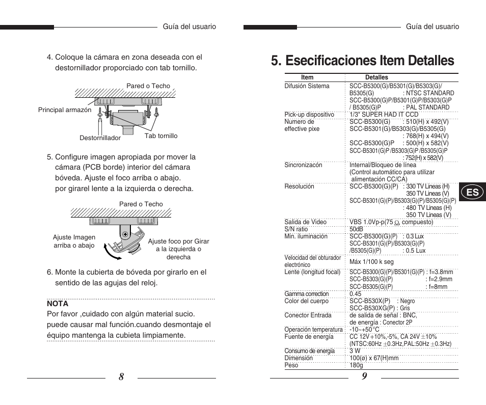 Esecificaciones item detalles | Samsung SCC-B5300GP User Manual | Page 21 / 31