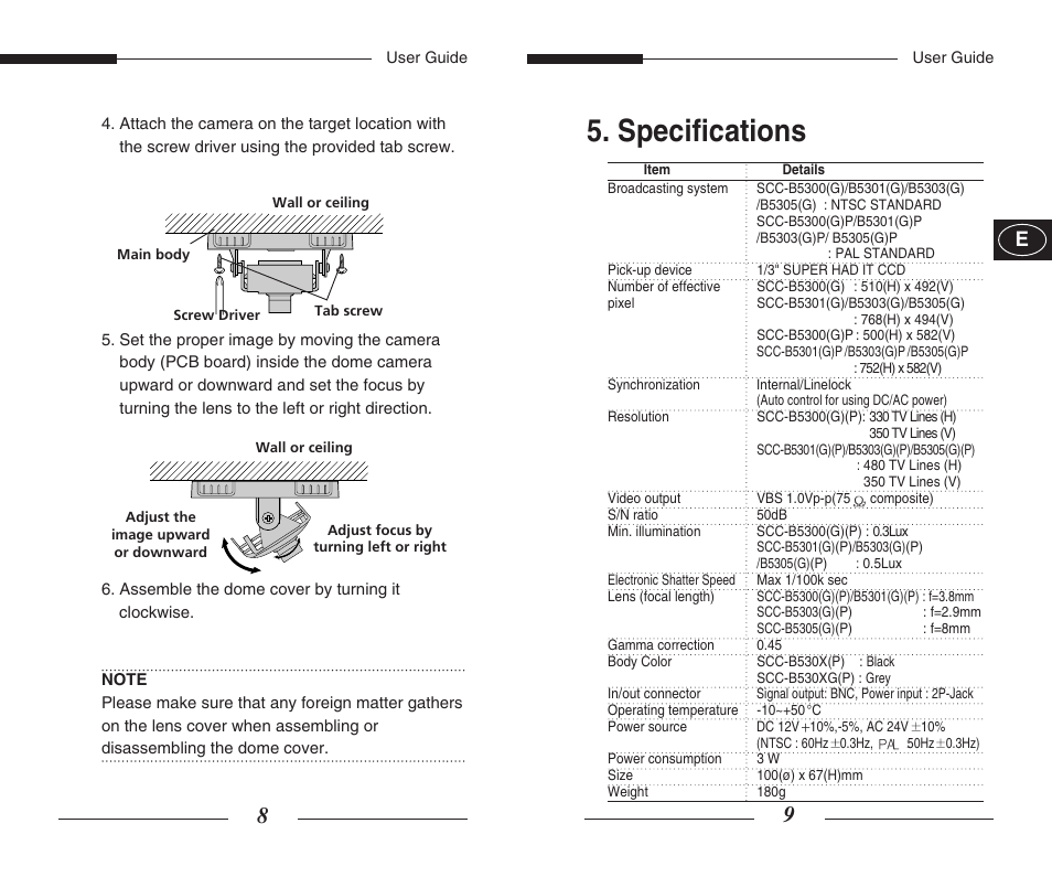 Specifications | Samsung SCC-B5300GP User Manual | Page 6 / 31