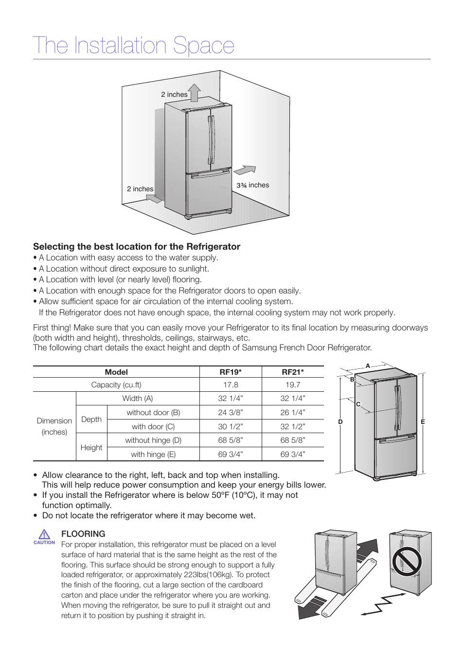 The installation space | Samsung RF197** User Manual | Page 2 / 7