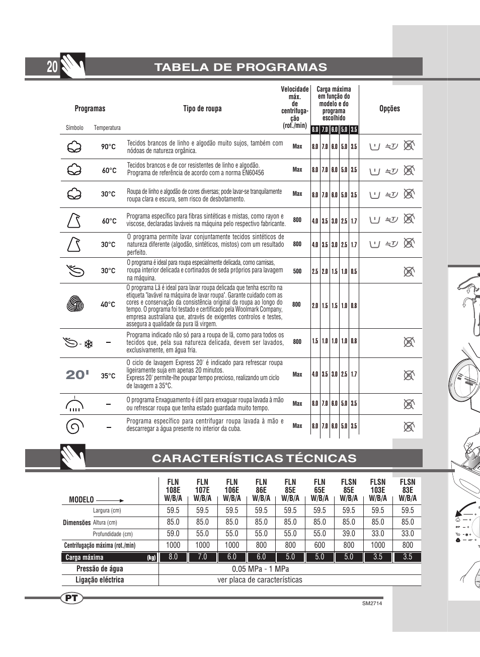 Características técnicas tabela de programas | Ardo FLSN User Manual | Page 20 / 52
