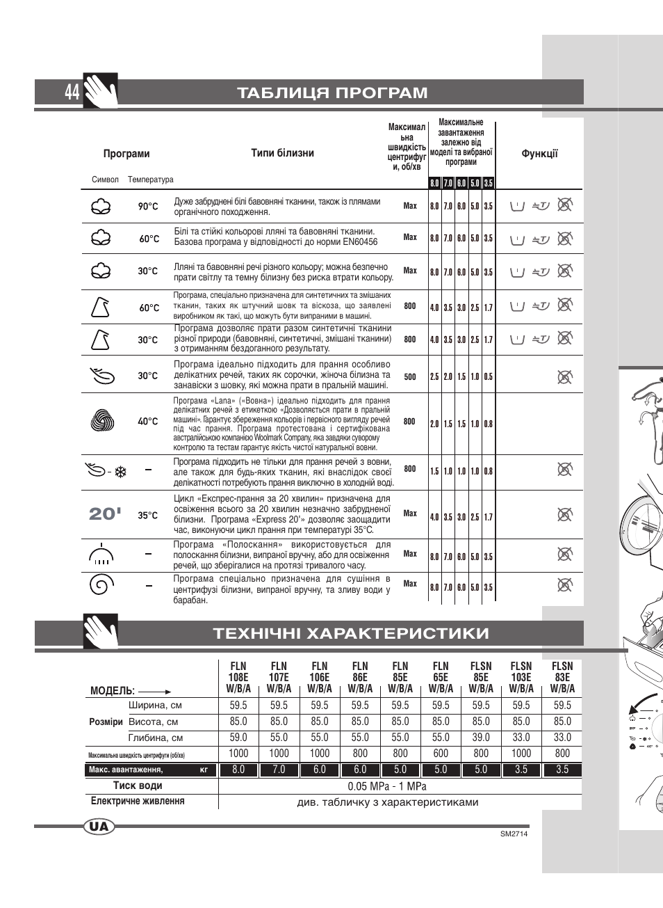 Технічні характеристики таблиця програм | Ardo FLSN User Manual | Page 44 / 52