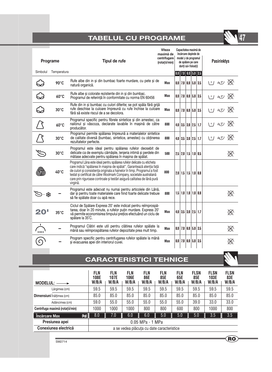Caracteristici tehnice tabelul cu programe | Ardo FLSN User Manual | Page 47 / 52